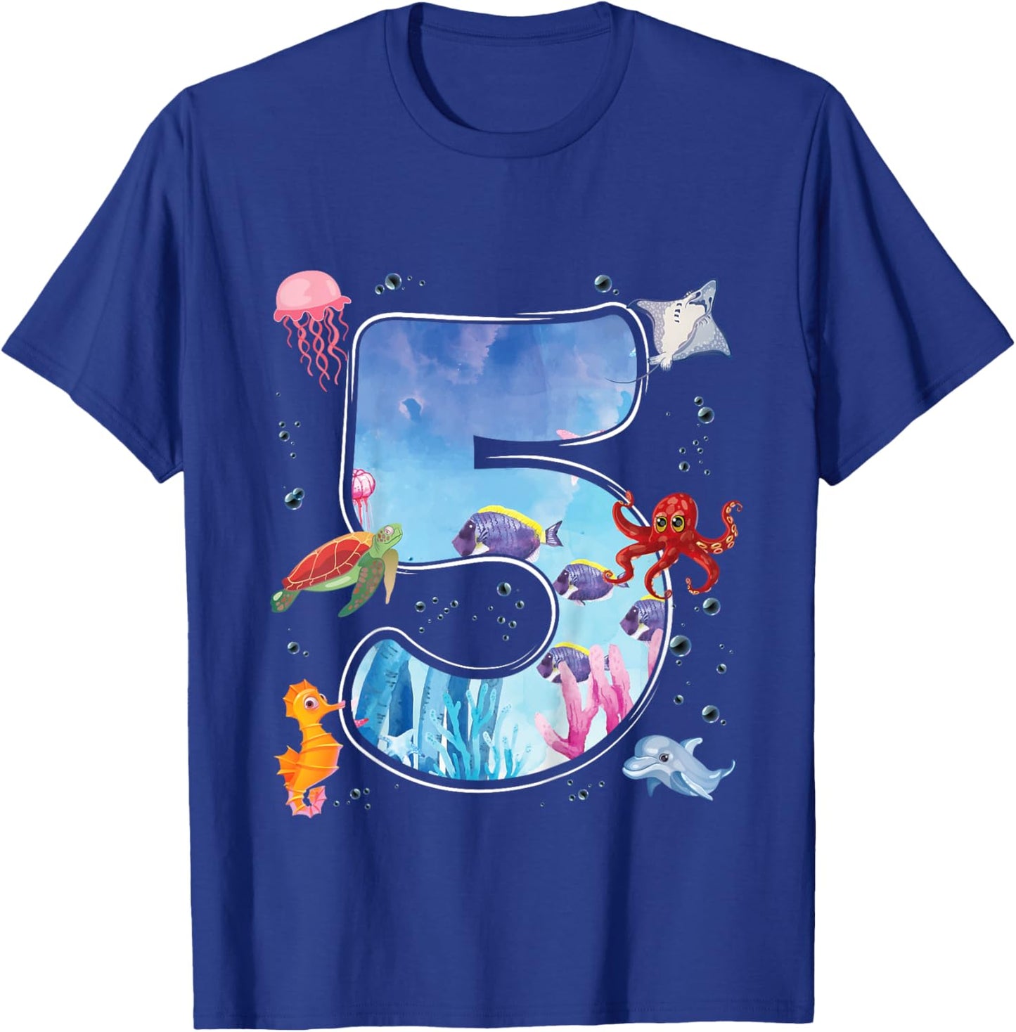 Kids 5th Birthday Party Ocean 5 Year Old Sea Fish Aquarium Boy T-Shirt - T-Shirt | Royal
