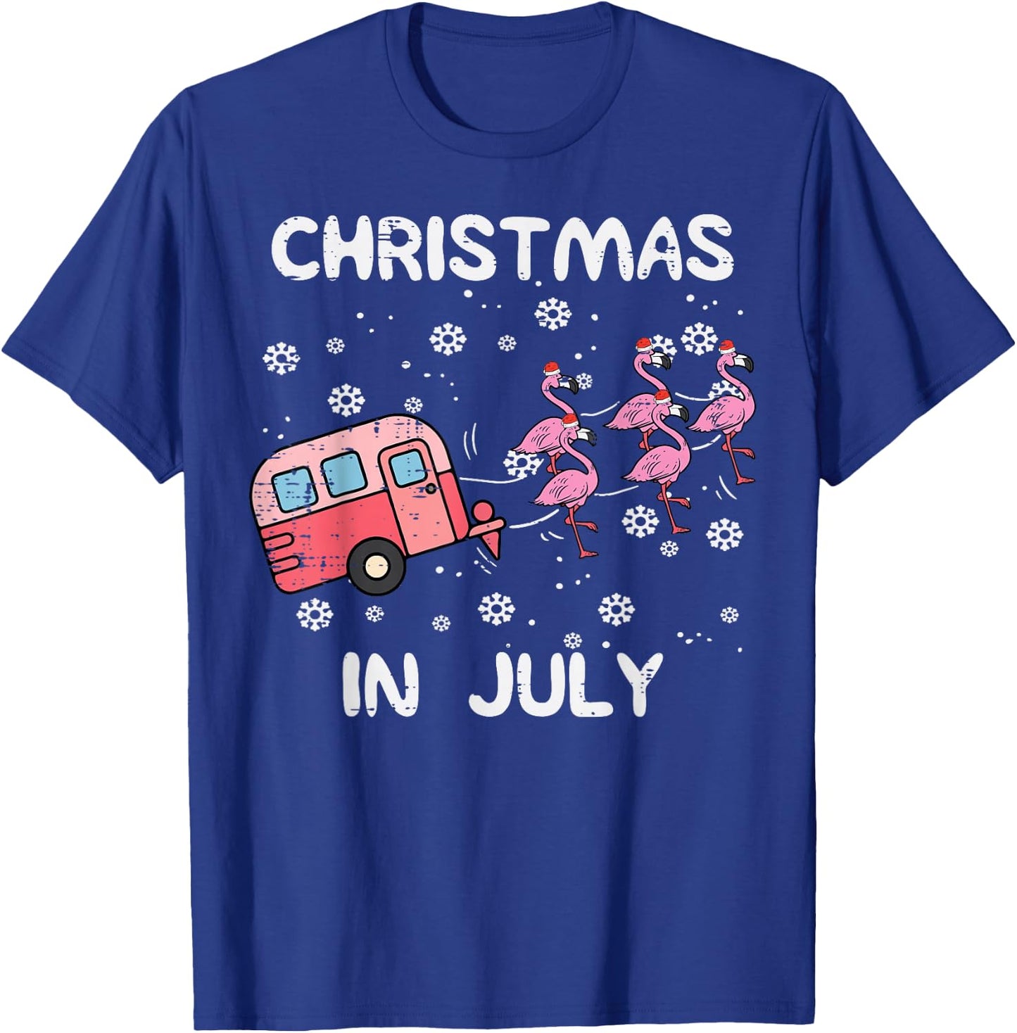 Christmas in July Flamingo Trailer Summer Xmas Camp Camper T-Shirt - T-Shirt | Royal