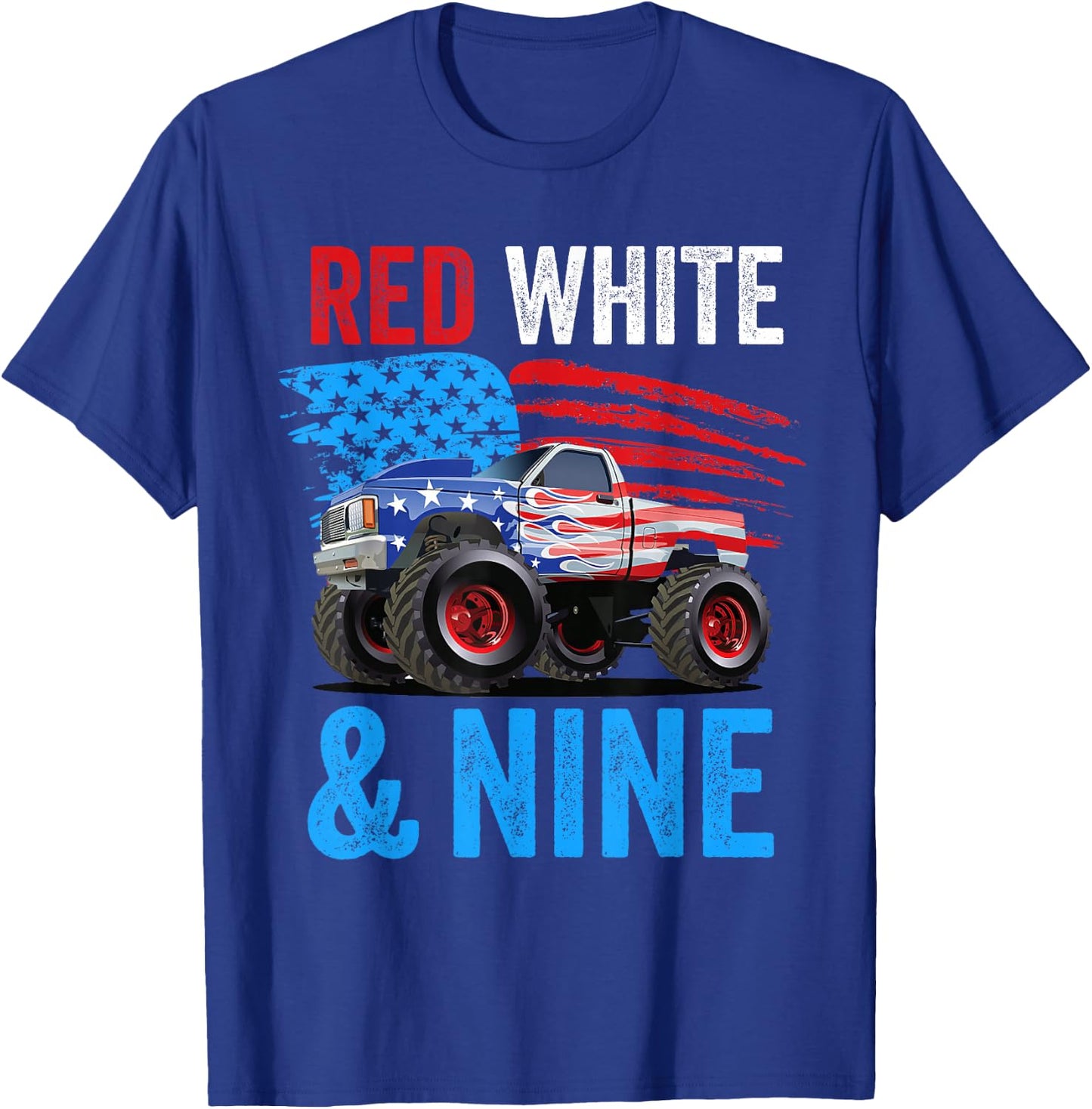 Red White & Nine Monster Truck Boy 9th Birthday USA Flag T-Shirt - T-Shirt | Royal