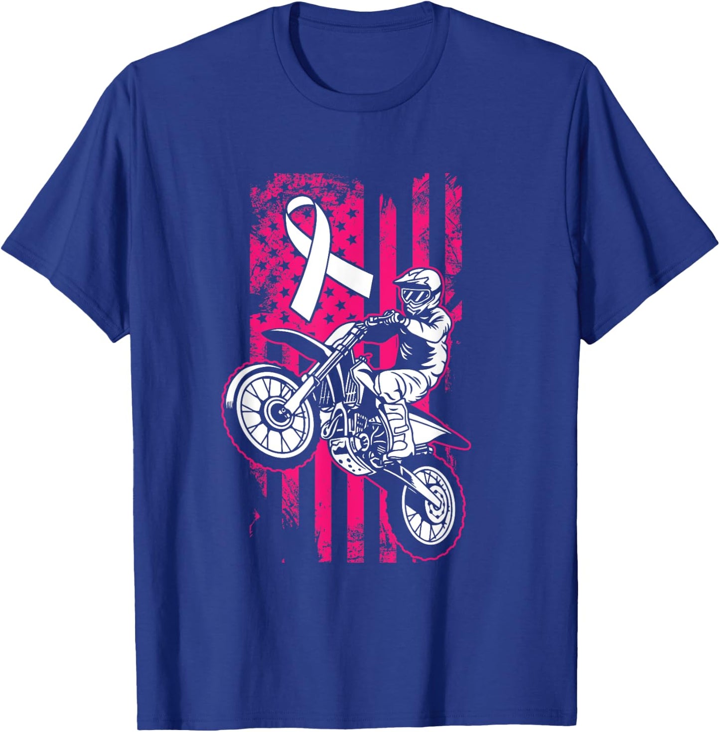 Motocross American Flag Breast Cancer Awareness Pink Ribbon T-Shirt - T-Shirt | Royal