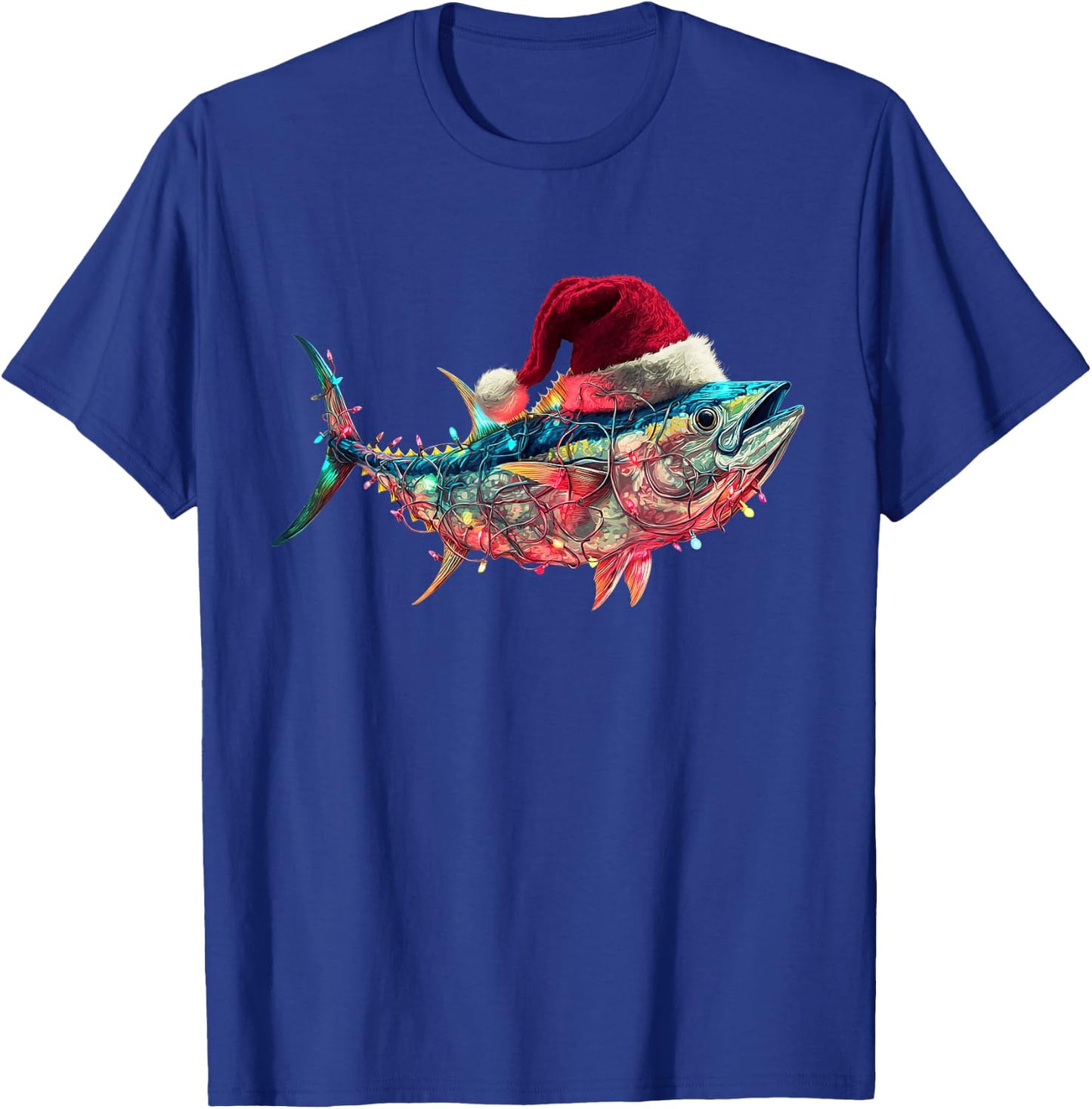 Christmas Tuna Fish Funny Fishing Santa Hat Lights T-Shirt - T-Shirt | Royal