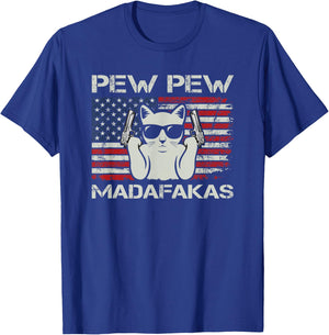 Pew Pew Madafakas - Vintage Cats USA Funny Crazy Cat Lovers T-Shirt - T-Shirt | Royal