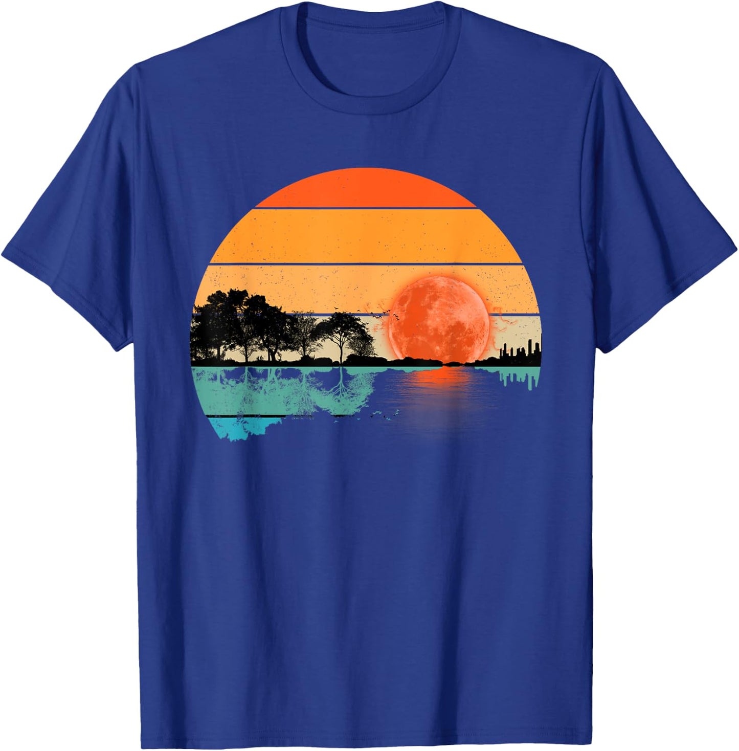 Funny Retro Guitar Lake Sunset Guitarist Music Lover T-Shirt - T-Shirt | Royal
