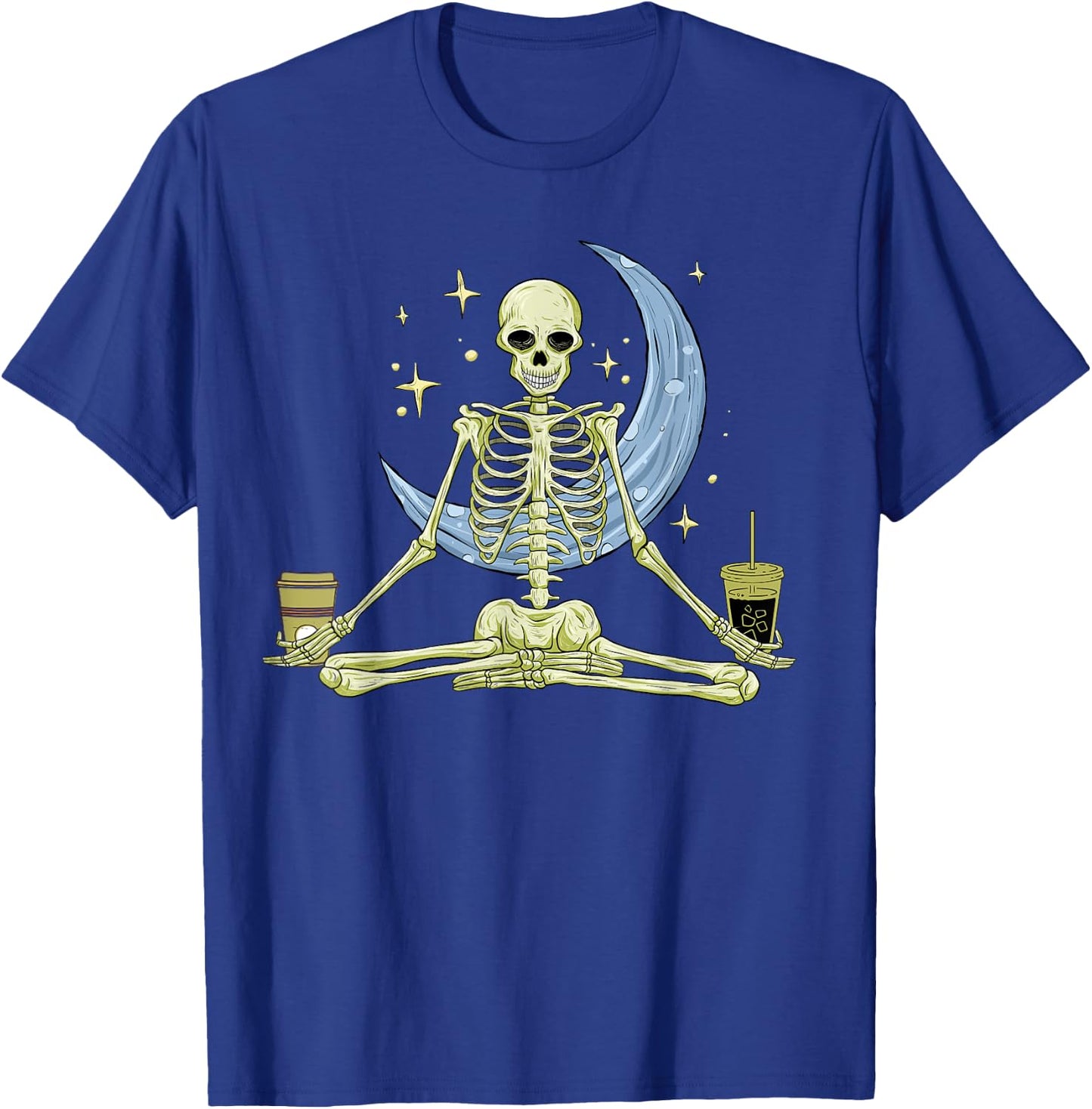Skeleton Doing Yoga And Drinking Coffee Funny Meditation T-Shirt - T-Shirt | Royal