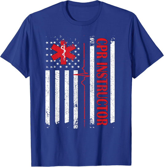 CPR Instructor American Flag EMS First Aid AED Certified CPR T-Shirt - T-Shirt | Royal
