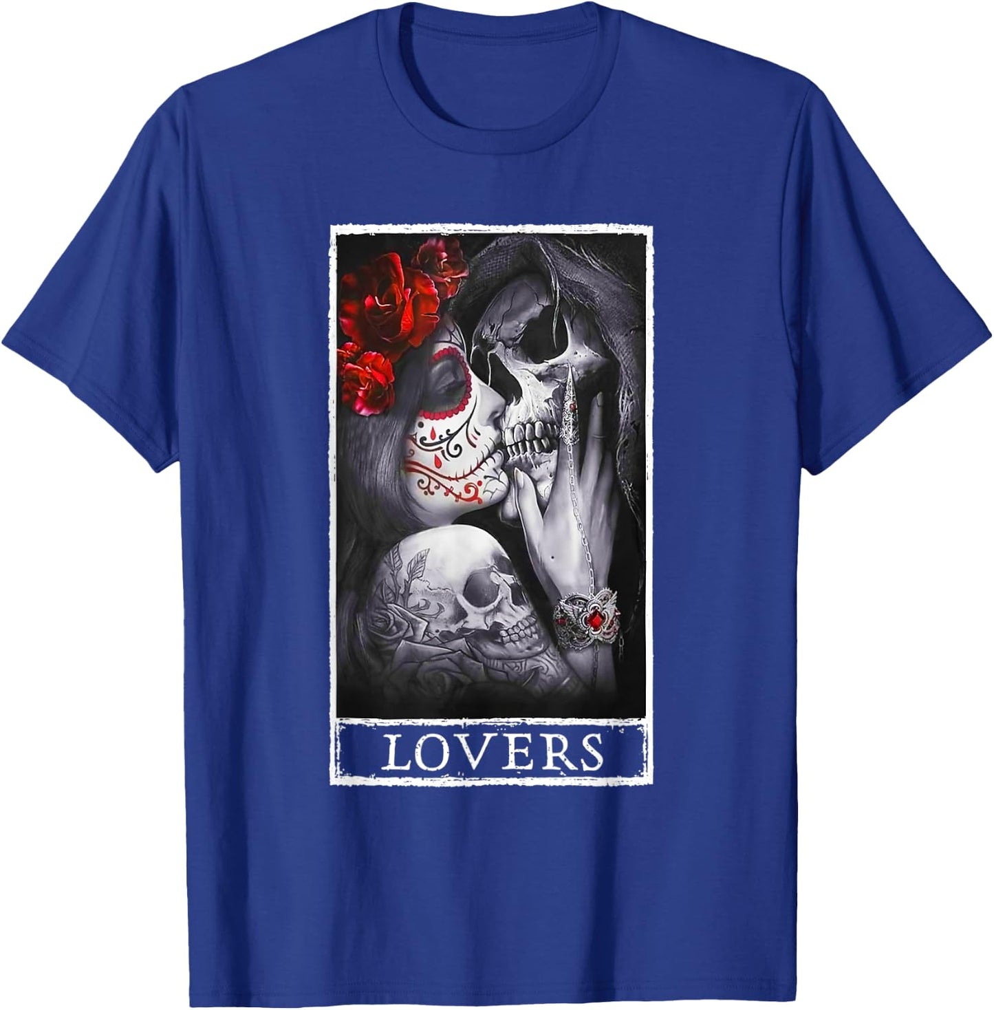 Woman Kissing Skeleton Skull Lovers Red Roses Goth Couple T-Shirt - T-Shirt | Royal