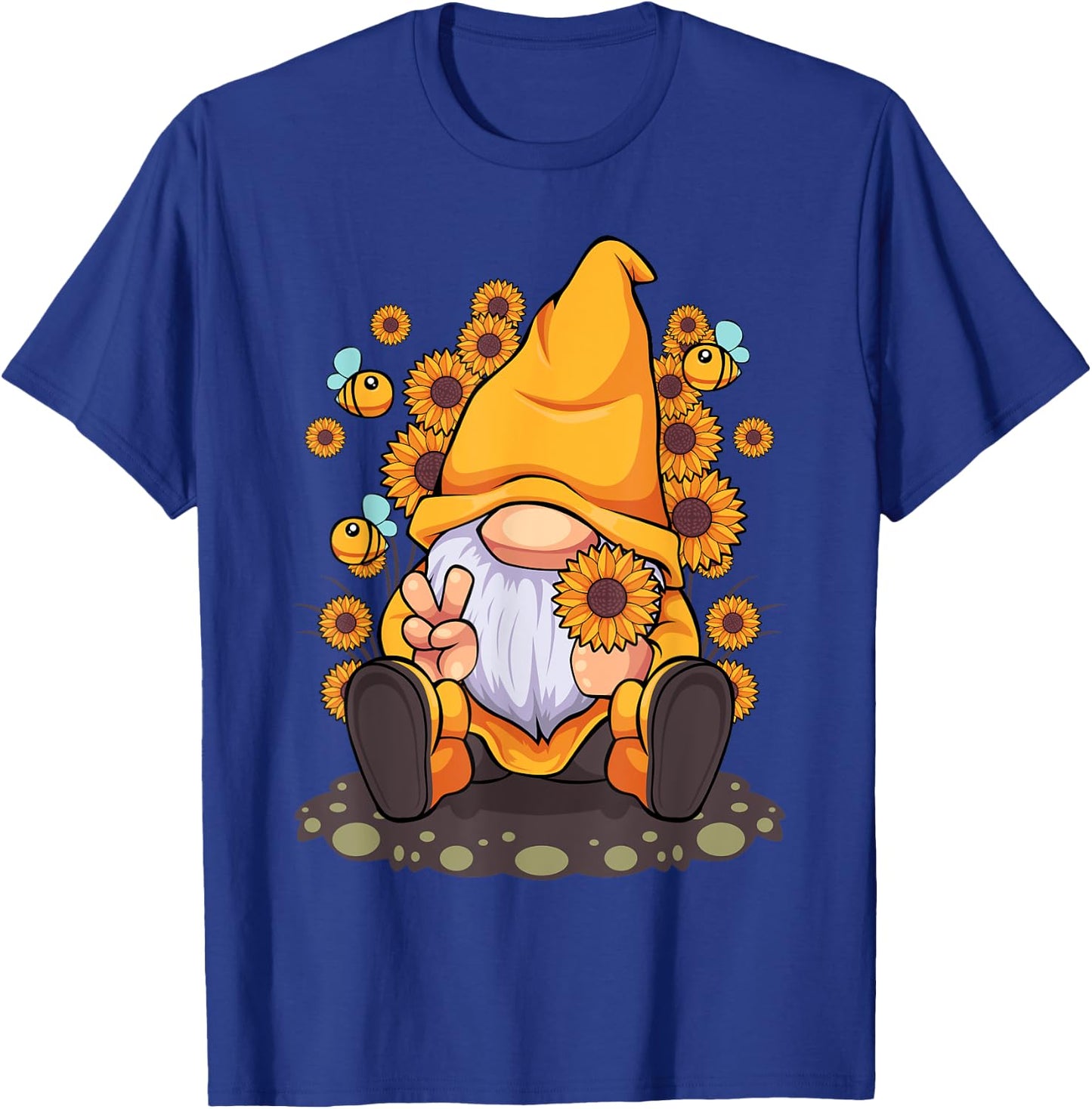 Funny Hippie Sunflower Gnome with Bee Flower Summer Men Women T-Shirt - T-Shirt | Royal