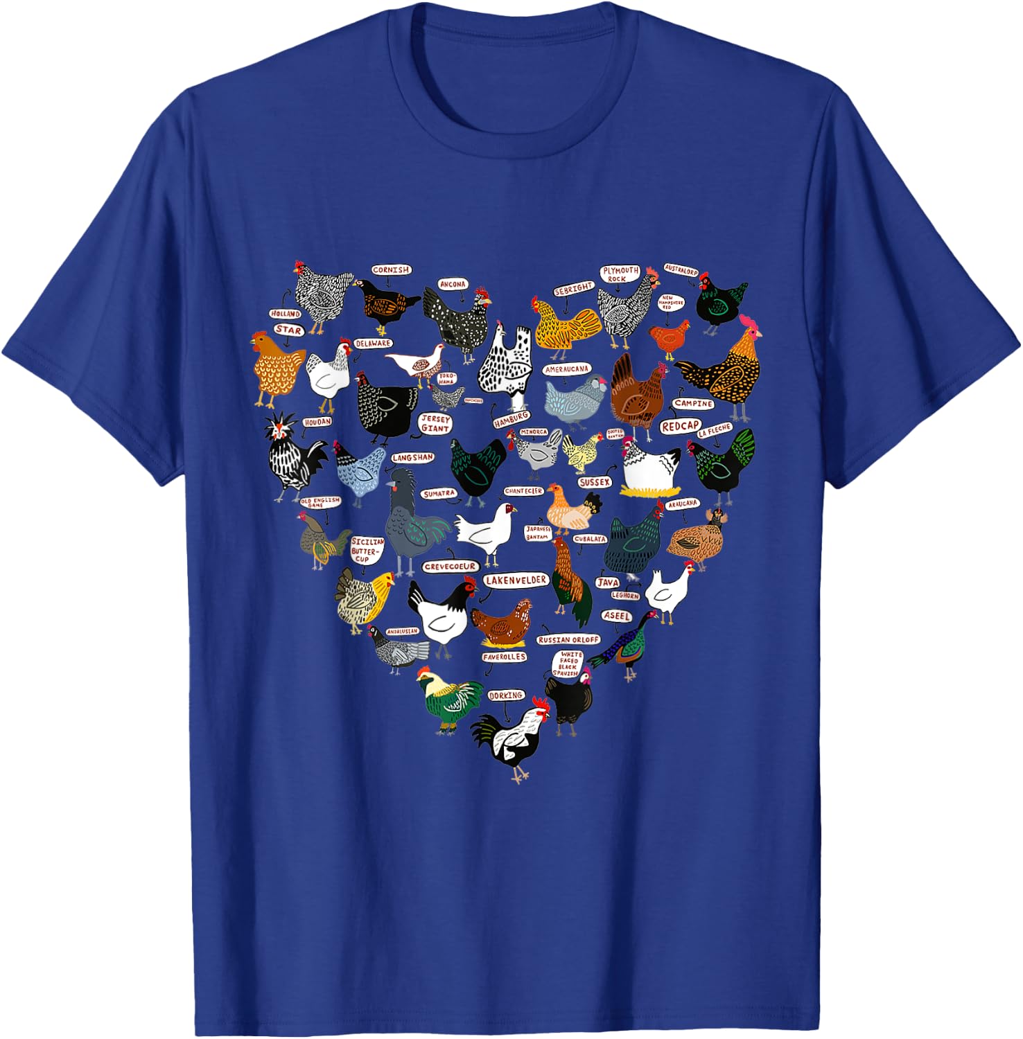 Funny Heart Design List Of Chicken Breeds T-Shirt - T-Shirt | Royal