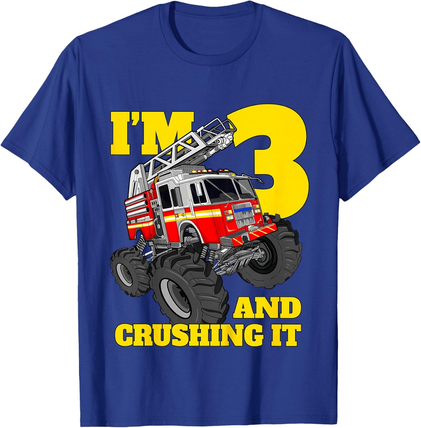 Kids Monster Fire Truck 3rd Birthday Boy Toddler 3 Firefighter T-Shirt - T-Shirt | Royal