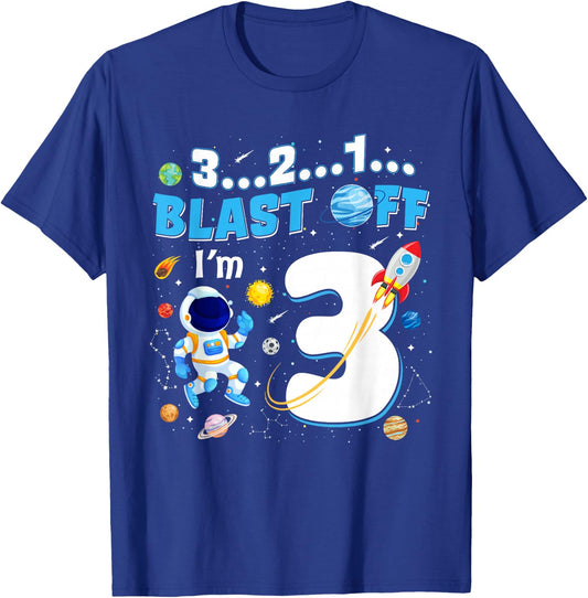 Blast Off I'm 3 Years Old 3rd Birthday Spaceship Astronaut T-Shirt - T-Shirt | Royal