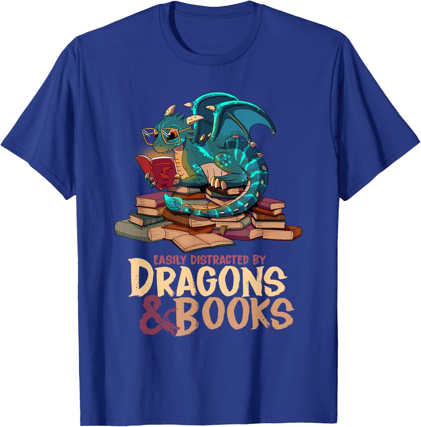 Easily Distracted By Dragons & Books Dragon Book Lover T-Shirt - T-Shirt | Royal