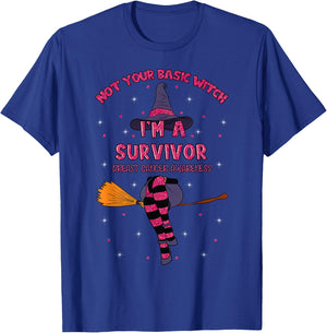 Halloween Witch Pink Awareness Ribbon Breast Cancer Survivor T-Shirt - T-Shirt | Royal