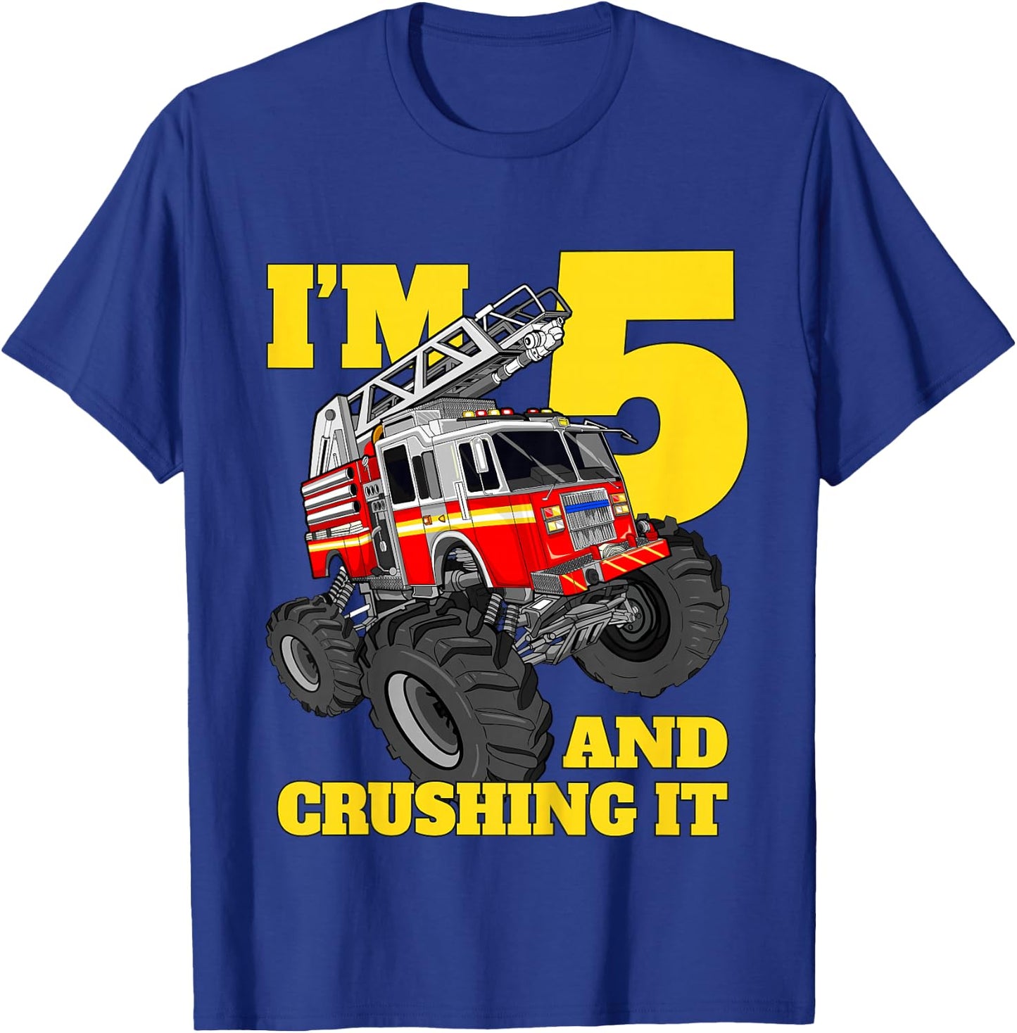 Kids Monster Fire Truck 5th Birthday Boy 5 Five Firefighter T-Shirt - T-Shirt | Royal