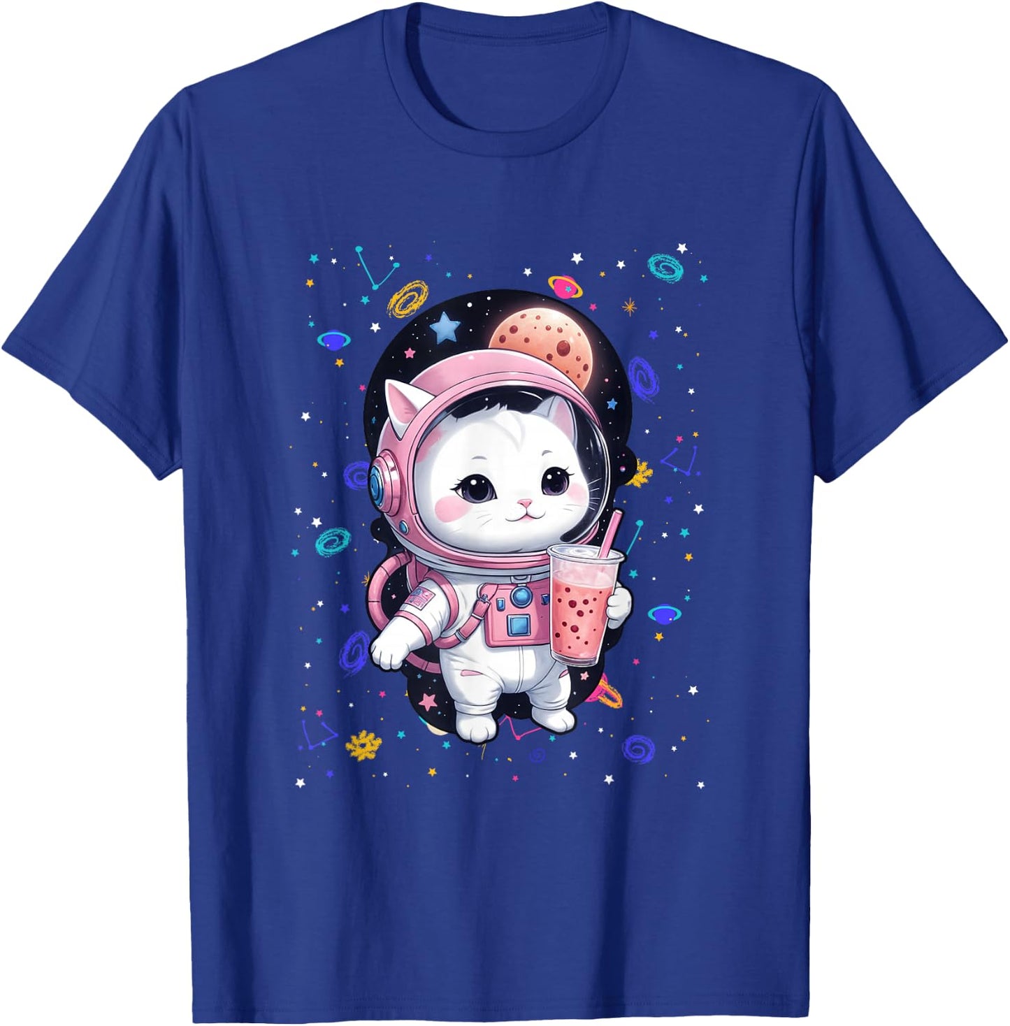Kawaii Cat Bubble Boba Tea In Space Astronaut Anime T-Shirt - T-Shirt | Royal