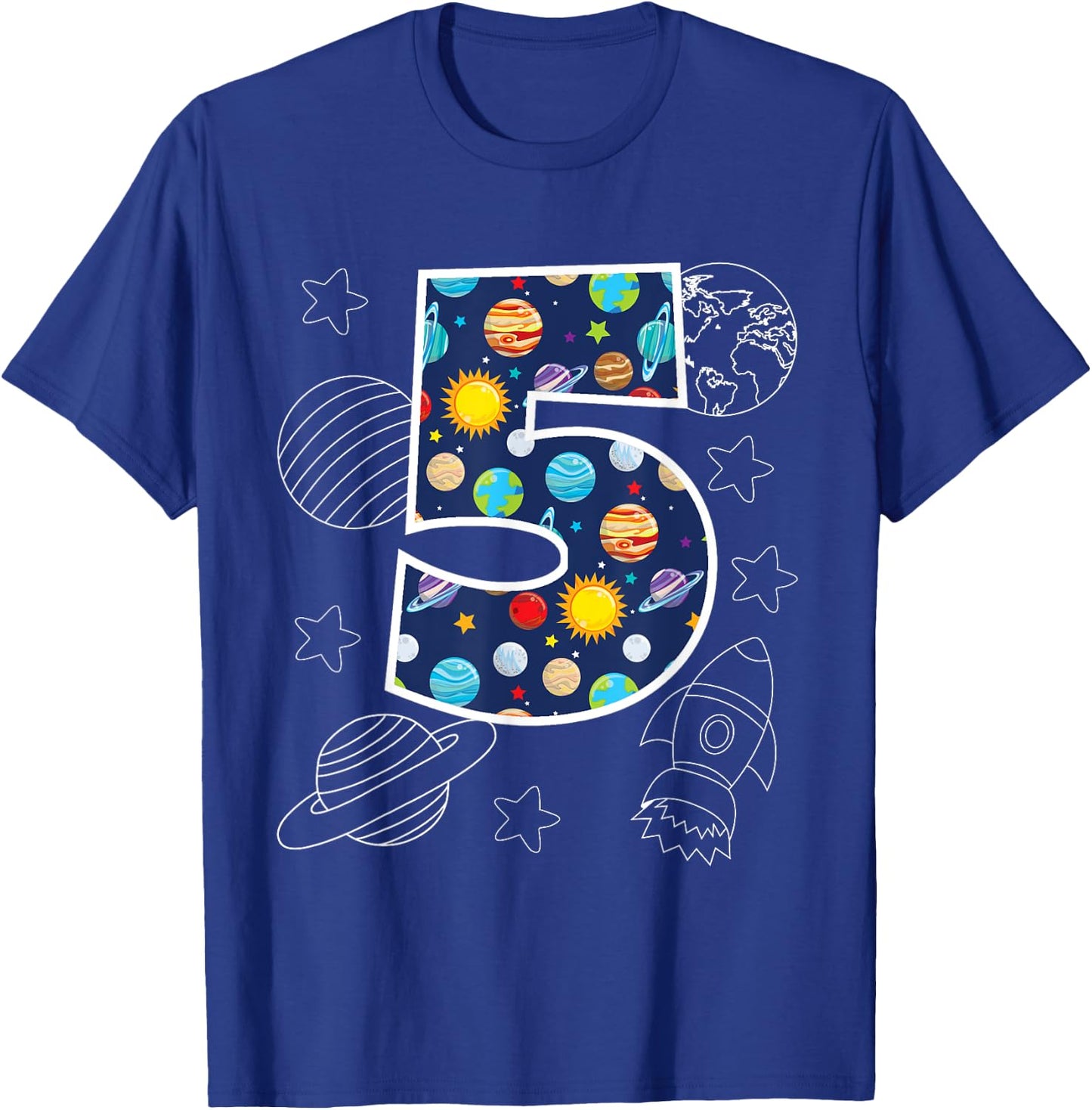 Outer Space 5 Year Old 5th Birthday Party Boys Girls Space T-Shirt - T-Shirt | Royal