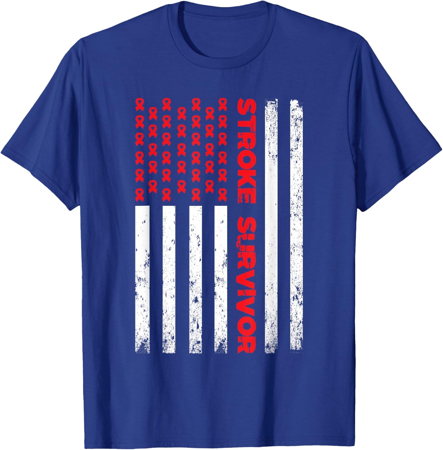 USA Flag Stroke Survivor Awareness Red Ribbon Brain Attack T-Shirt - T-Shirt | Royal