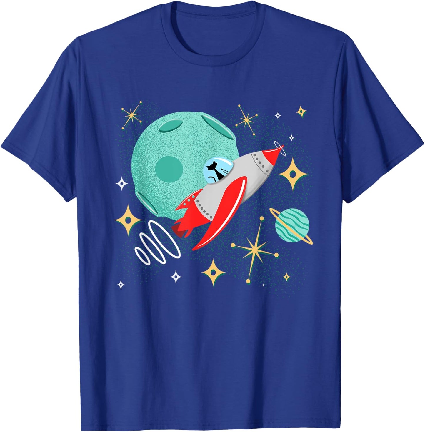 Atomic Rocket Cat Funny Mid-Century Cat Futuristic Spaceship T-Shirt - T-Shirt | Royal