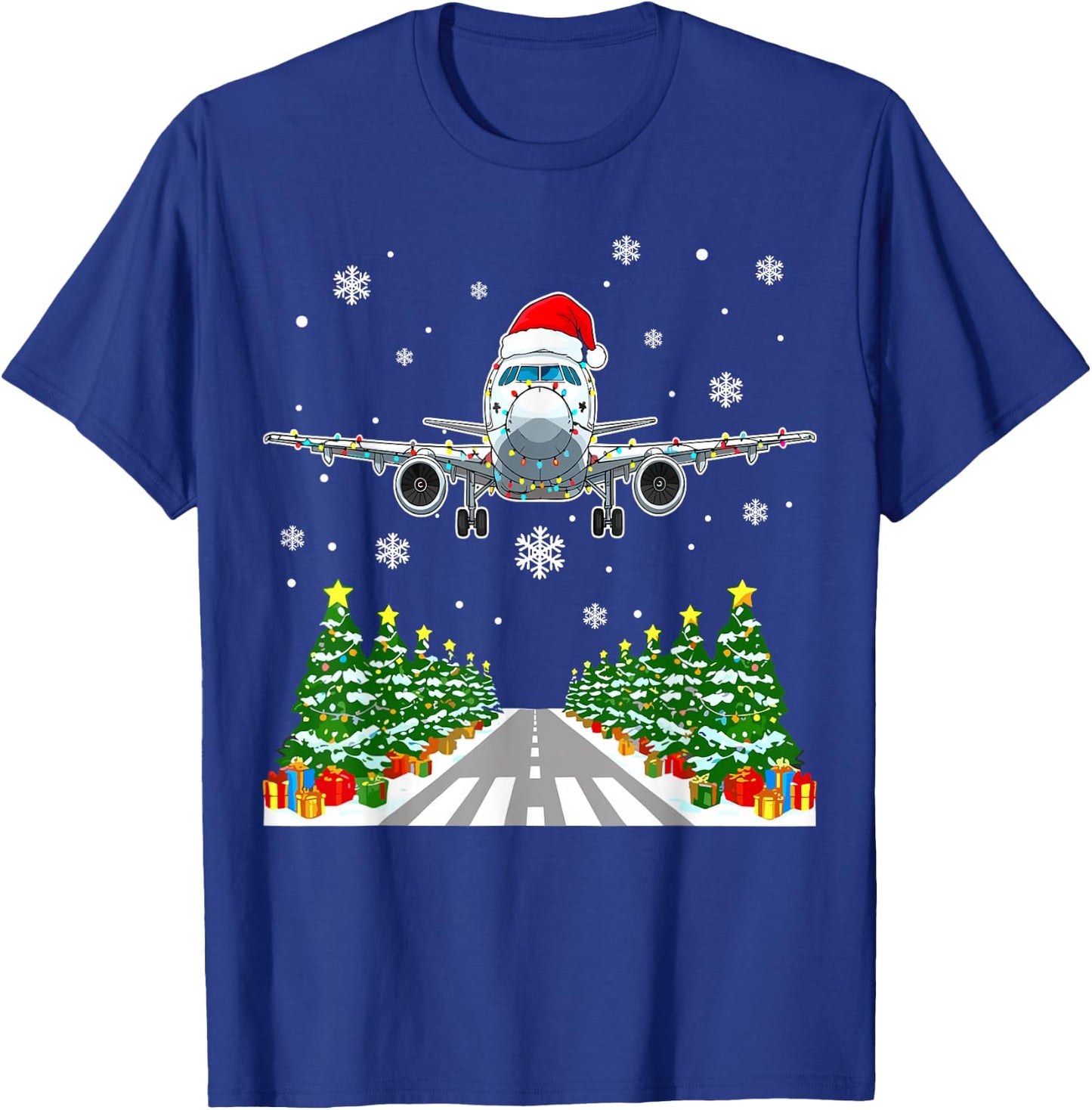 Christmas Airplane Santa Trees Lights Pilot Aviation T-Shirt - T-Shirt | Royal