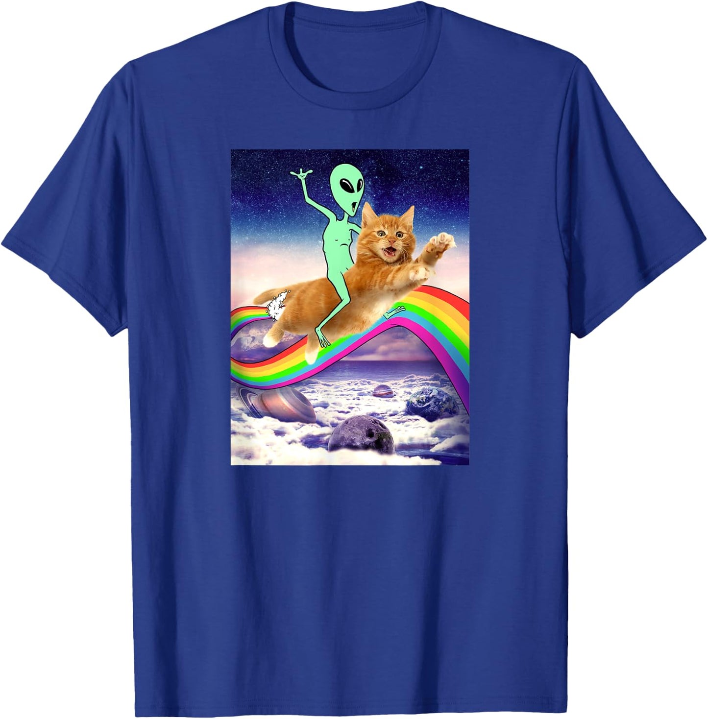 Alien Riding Cat Over Rainbow Men Women Kids T-Shirt - T-Shirt | Royal