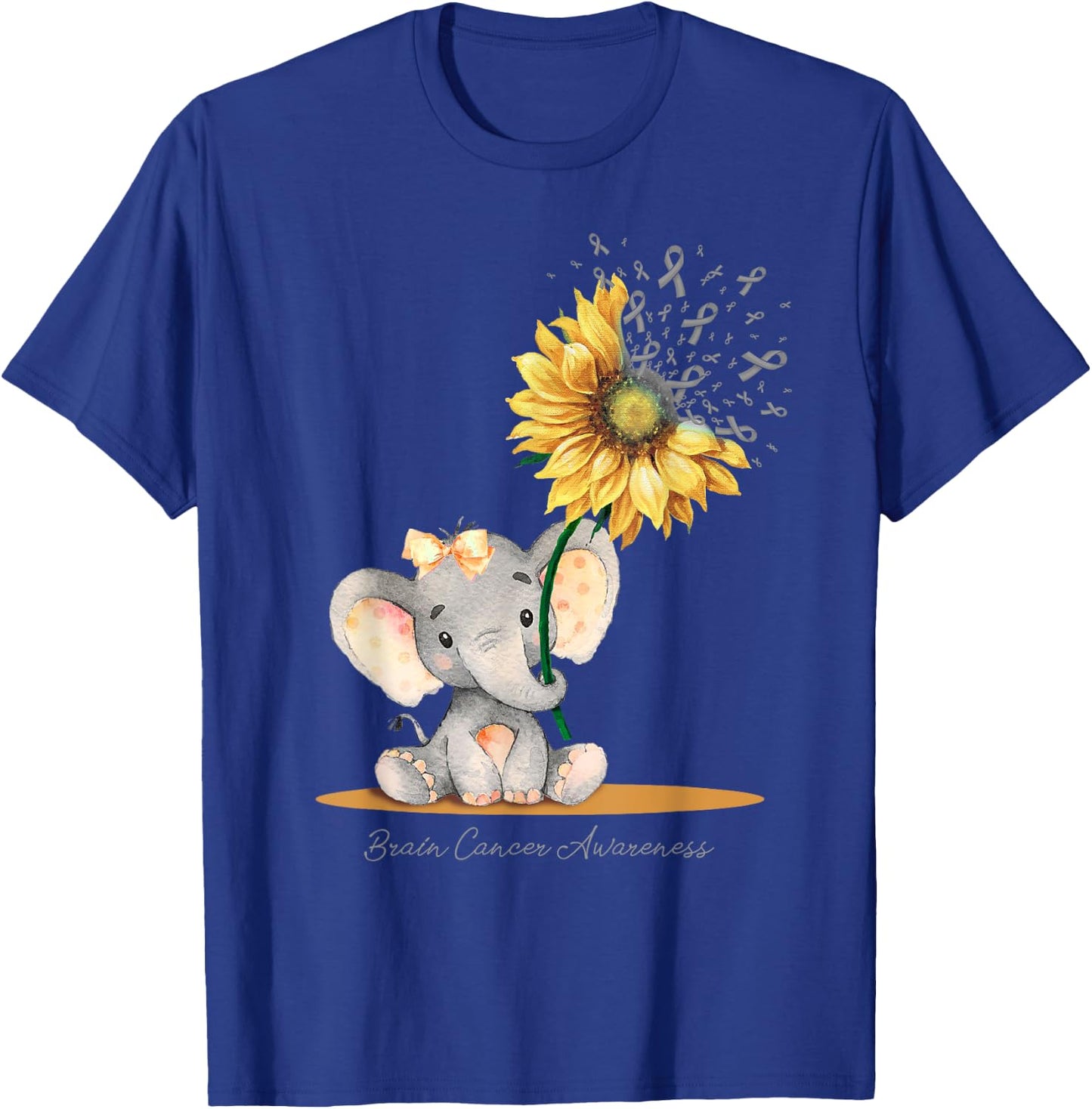 BRAIN CANCER AWARENESS Cute Elephant Sunflower Gray Ribbon T-Shirt - T-Shirt | Royal