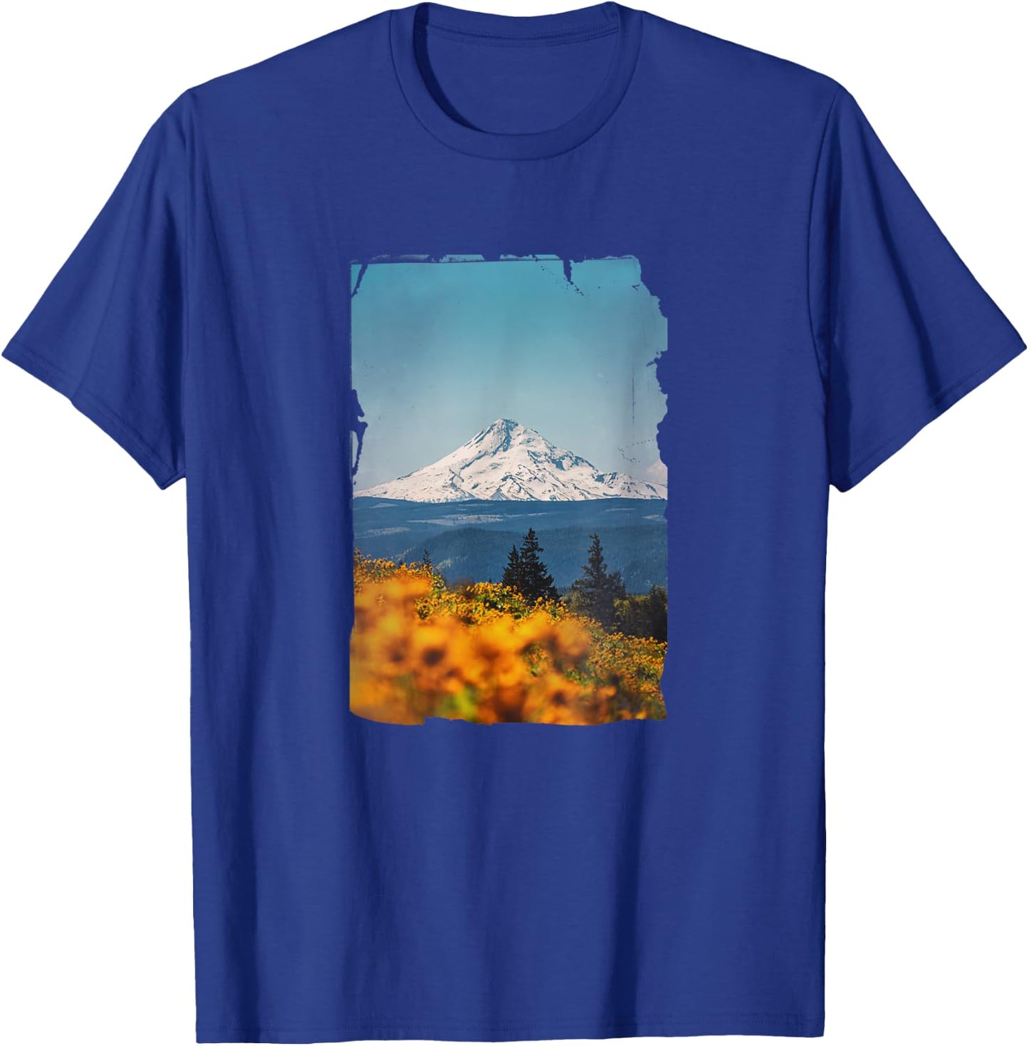 Mt Hood from Columbia River Gorge with Sunflowers Mount Hood T-Shirt - T-Shirt | Royal