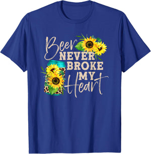 Beer Never Broke My Heart Sunflower Leopard Print Beer Lady T-Shirt - T-Shirt | Royal