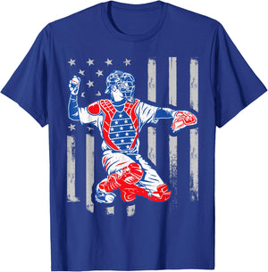 American Baseball Catcher USA Vintage Flag 4th of July Boys T-Shirt - T-Shirt | Royal