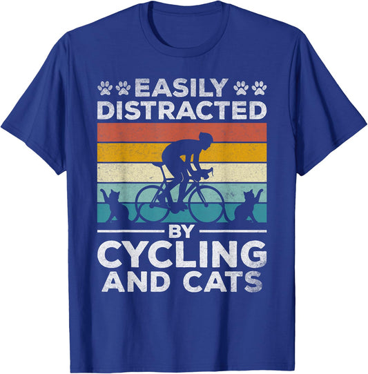 Easily Distracted By Cycling And Cats I Bicycle Cyclist T-Shirt - T-Shirt | Royal