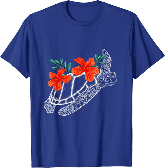 Tropical Sea Turtle Hibiscus Flowers T-Shirt - T-Shirt | Royal