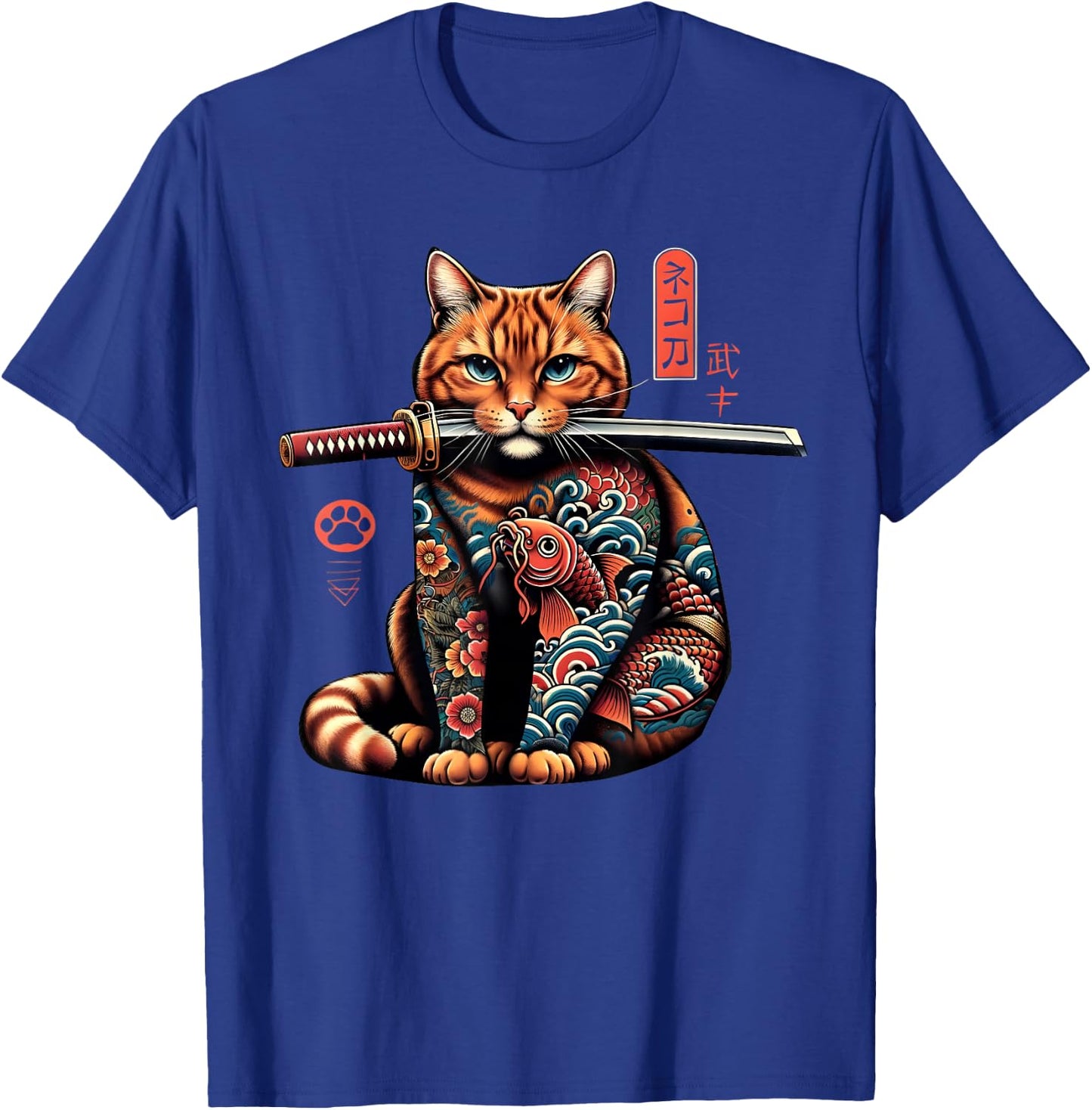 Japanese Samurai Ninja Cat Kawaii Tattoo Graphic Women T-Shirt - T-Shirt | Royal