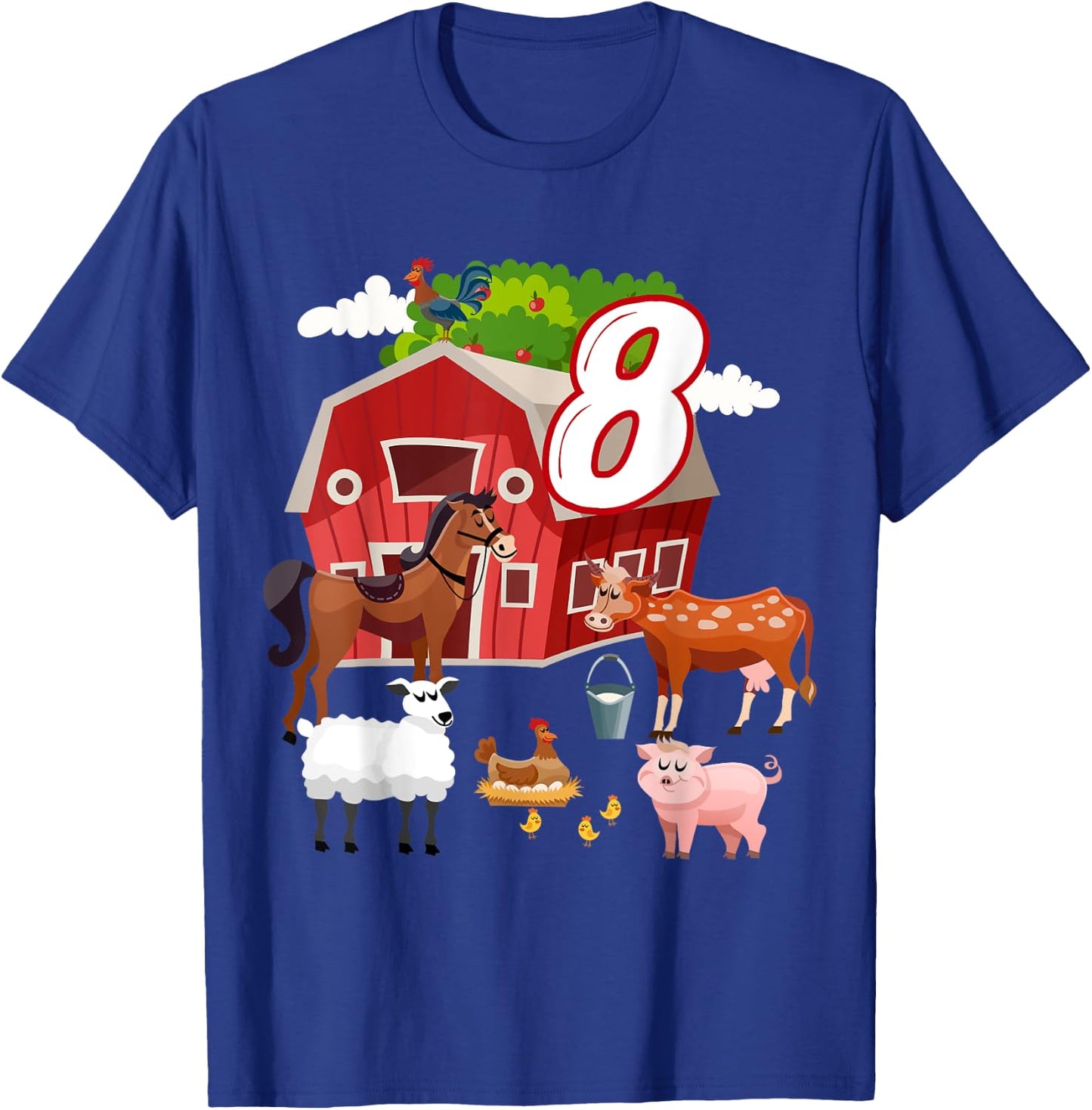 8th Birthday Farming Farm Animal 8 Year Old B-Day Party T-Shirt - T-Shirt | Royal