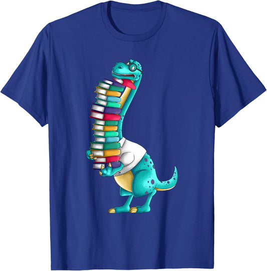Cool Dinosaur With Lots Of Books | Funny Geek Reptile Gift T-Shirt - T-Shirt | Royal