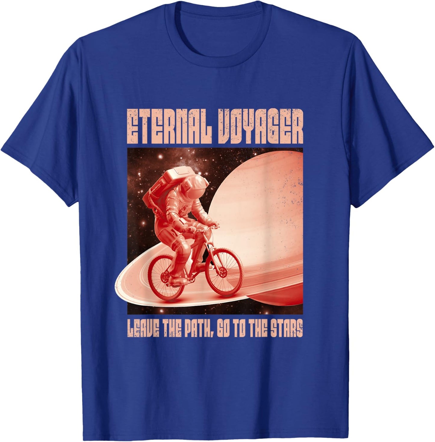 Eternal Voyager Astronaut on Bike Saturn Planet Graphic T-Shirt - T-Shirt | Royal