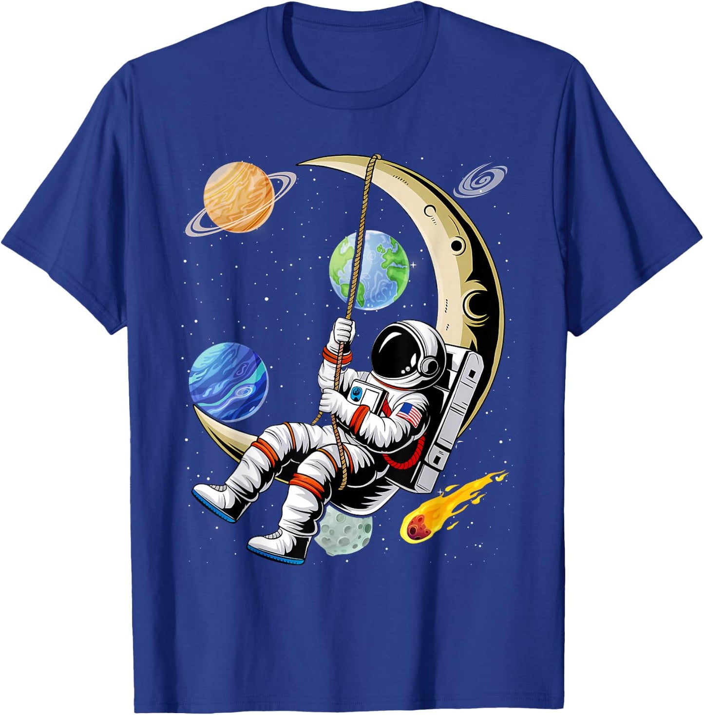 Astronaut Moon Swing Planets Space Galaxy Women Kids Men T-Shirt - T-Shirt | Royal