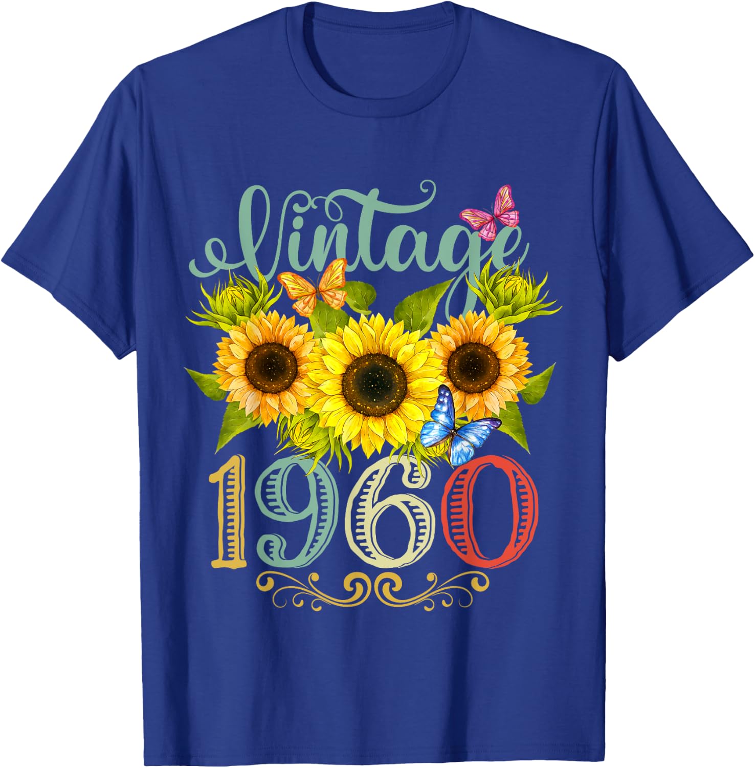 Sunflower Floral Butterfly Vintage 1960 Funny 65th Birthday T-Shirt - T-Shirt | Royal