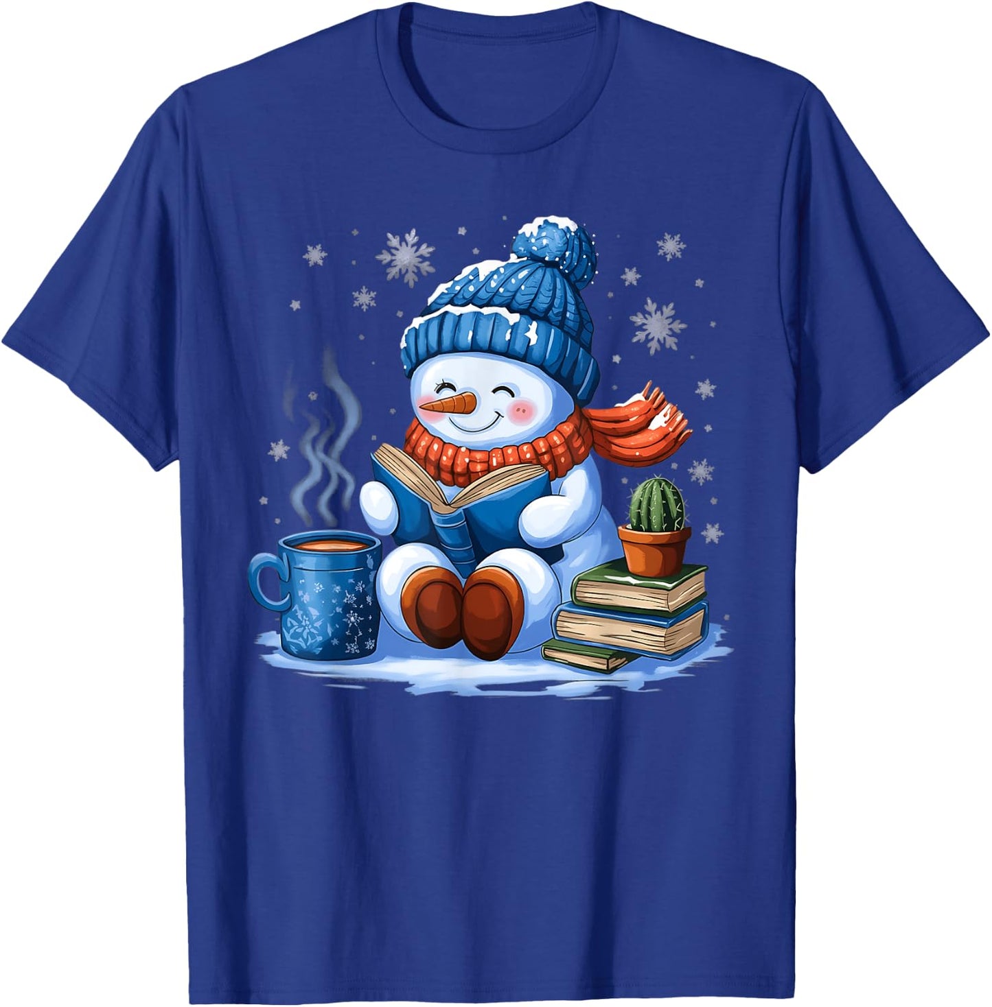 Snowman Reading Book Lovers Christmas Bookworm Librarian T-Shirt - T-Shirt | Royal
