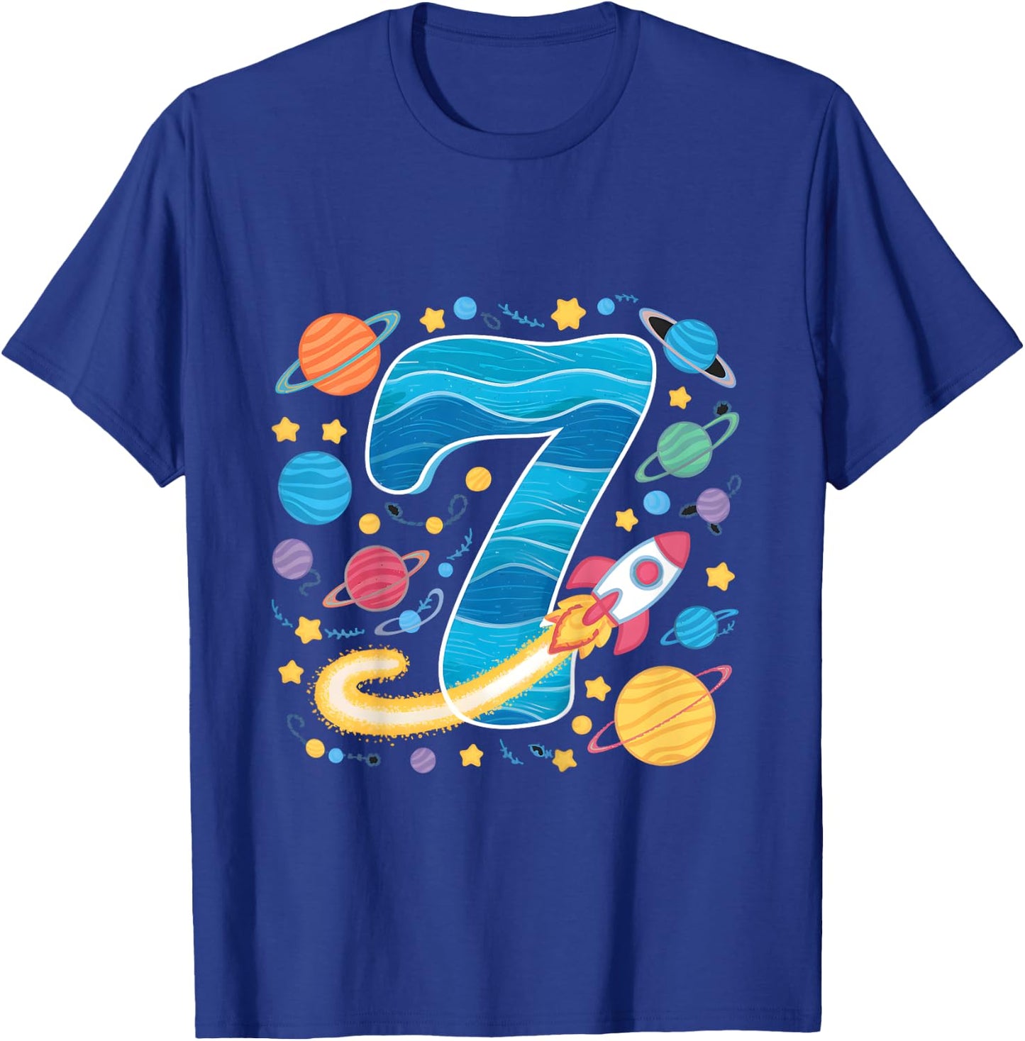 Kids 7th Birthday Boys 7 Years Planets Space Birthday T-Shirt - T-Shirt | Royal