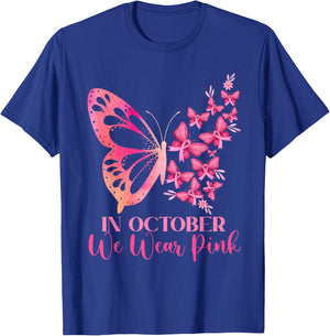 In October We Wear Pink Butterfly Breast Cancer Awareness T-Shirt - T-Shirt | Royal