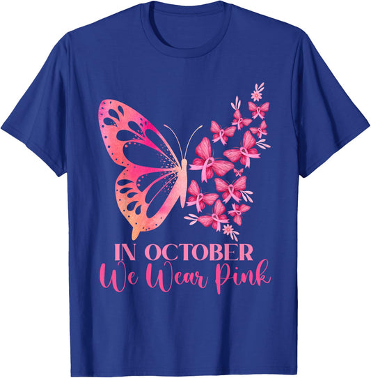 In October We Wear Pink Butterfly Breast Cancer Awareness T-Shirt - T-Shirt | Royal