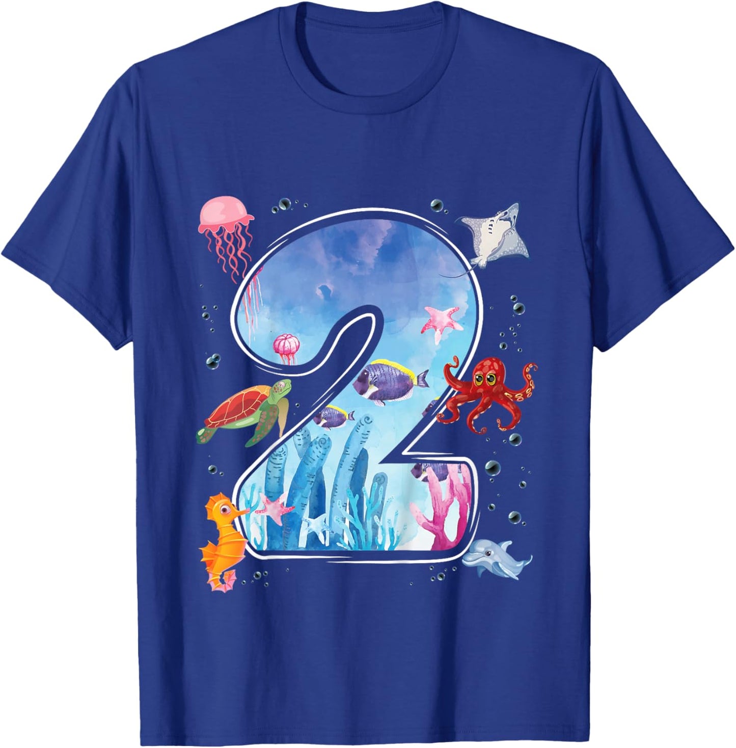 Kids 2nd Birthday Party Ocean 2 Year Old Sea Fish Aquarium Boy T-Shirt - T-Shirt | Royal