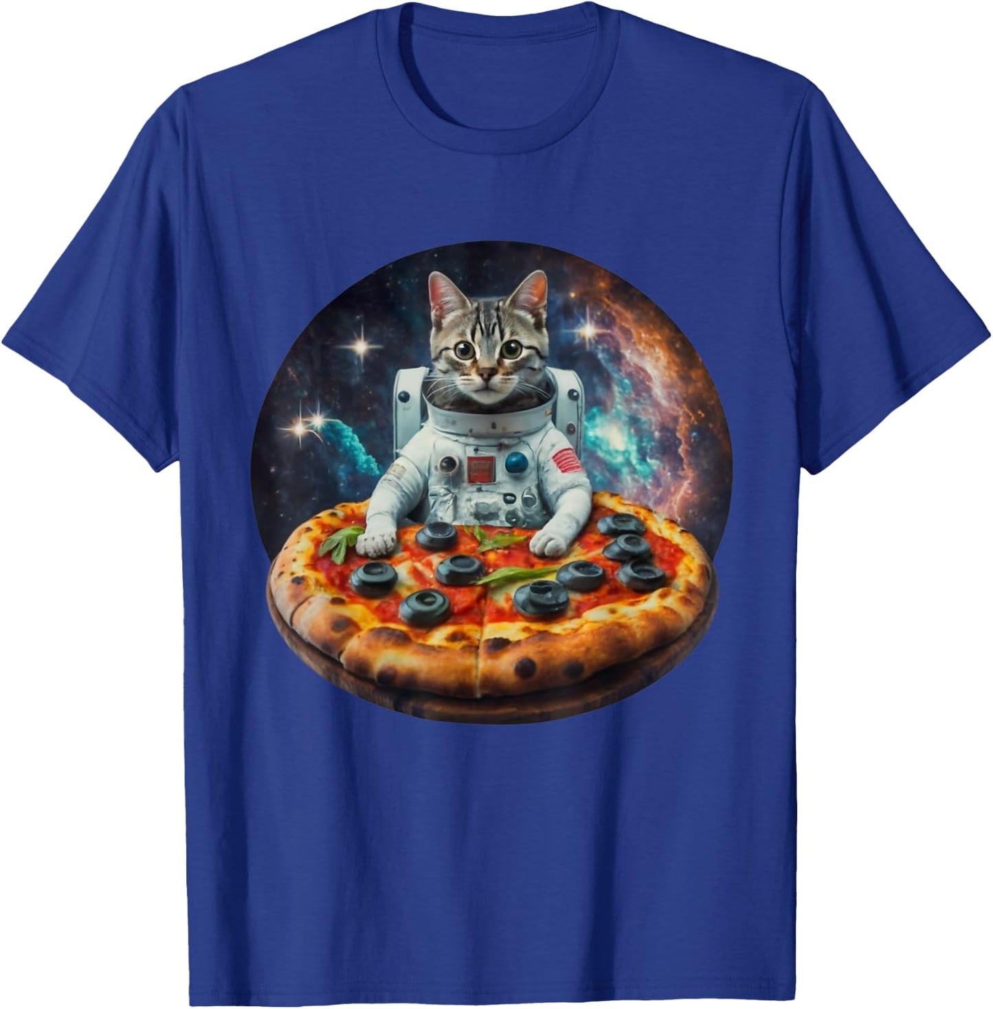 Funny Galaxy Cat Kitten Astronaut Eating Pizza In Space Women Girls Kids T-Shirt - T-Shirt | Royal