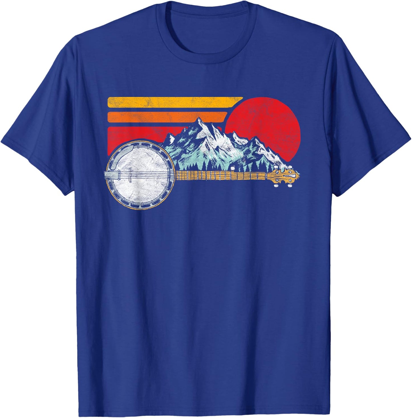 Retro Banjo Mountains & Sun Sketch Surf Style 80's Graphic T-Shirt - T-Shirt | Royal