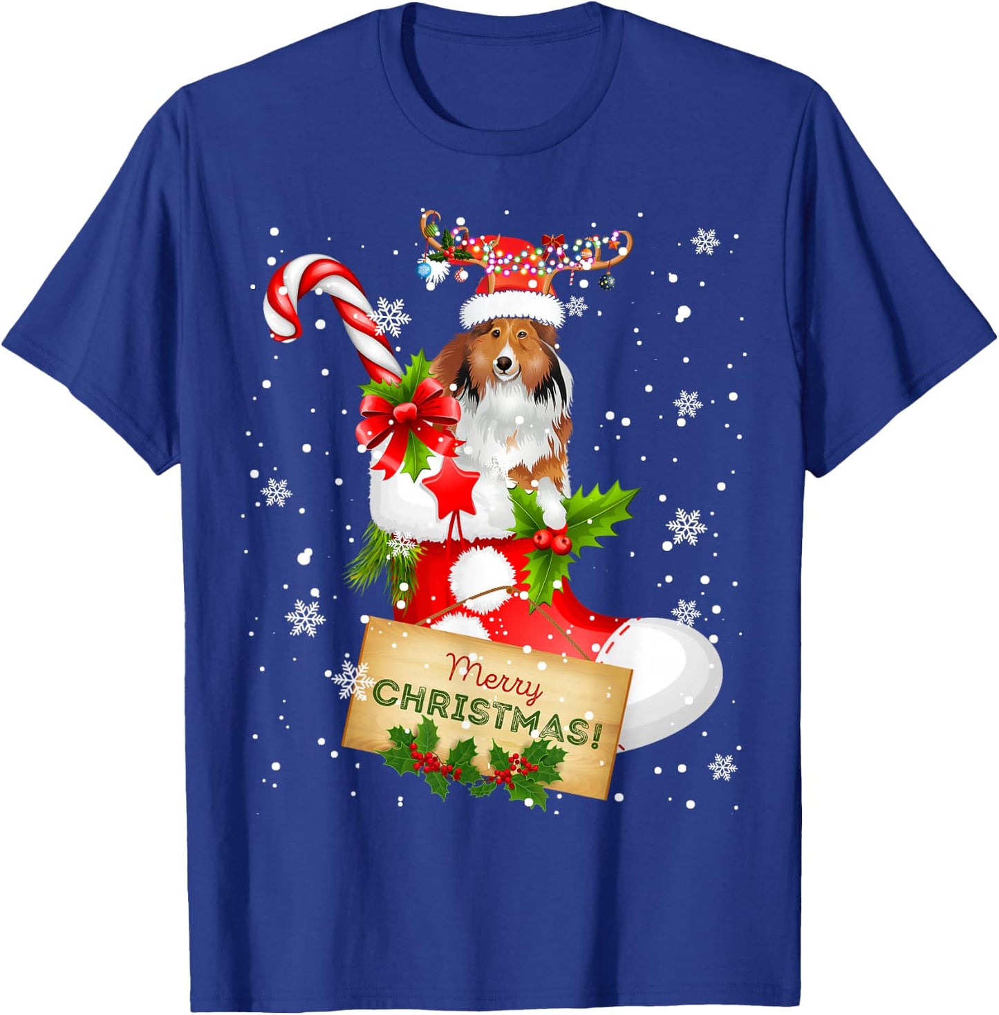 Merry Christmas Xmas Lights Santa Reindeer Sheltie In Sock T-Shirt - T-Shirt | Royal