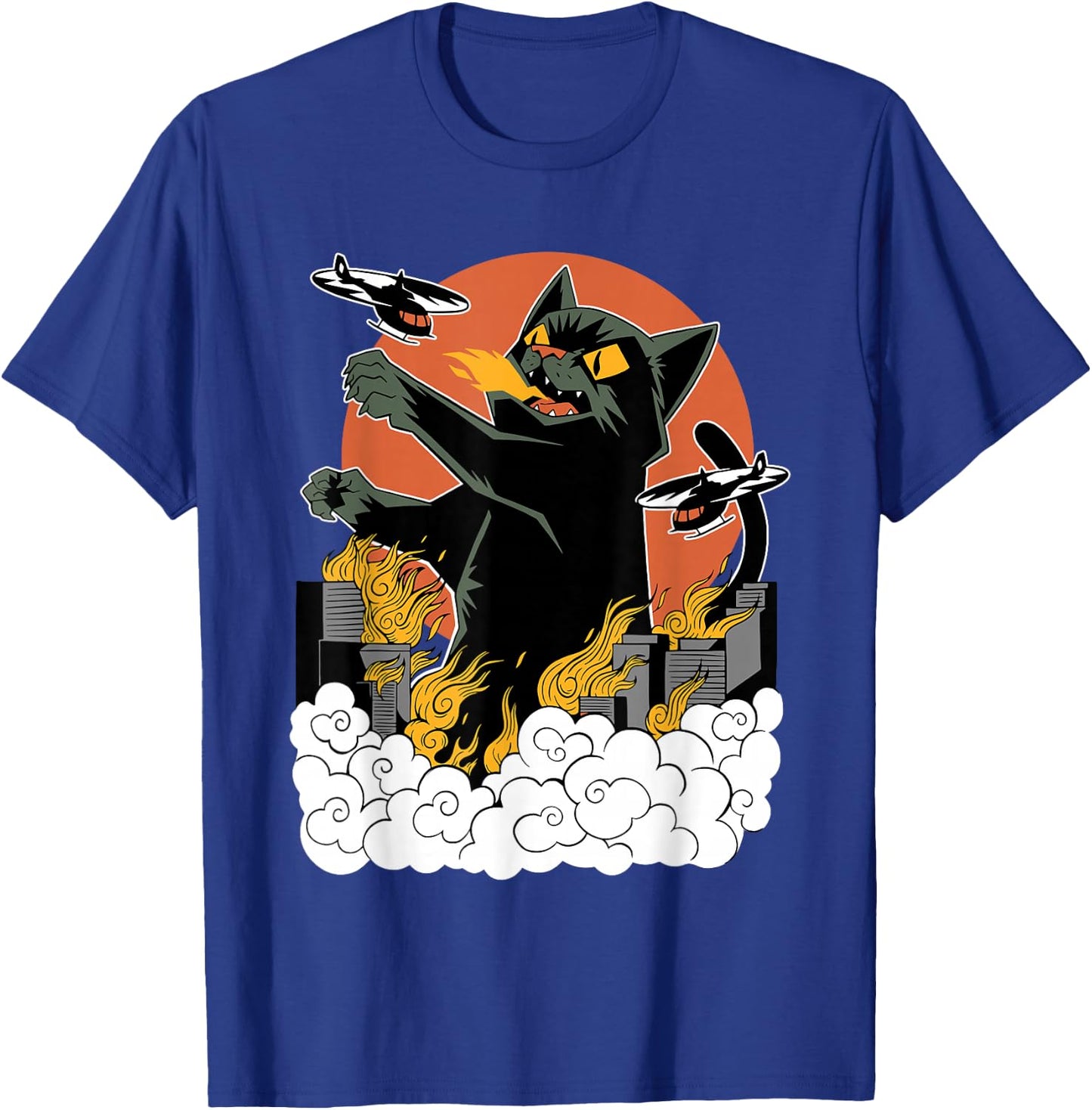 Black Japanese Catzilla Sunset - Classic Fit, , Cotton & Polyester Blend T-Shirt - T-Shirt | Royal