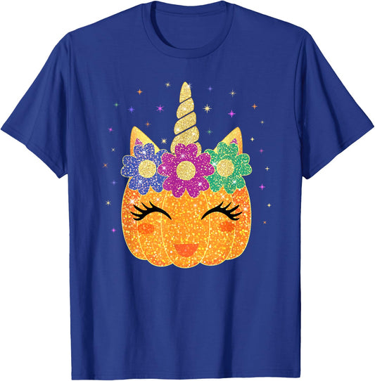 Unicorn Pumpkin Halloween Thanksgiving Girls Kids T-Shirt - T-Shirt | Royal
