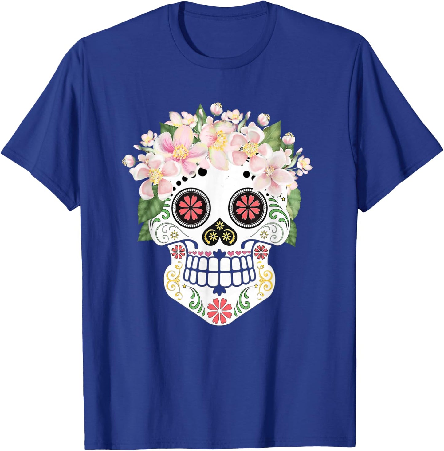 Beautiful Sugar Skull with Apple Blossom Flowers Day of Dead T-Shirt - T-Shirt | Royal
