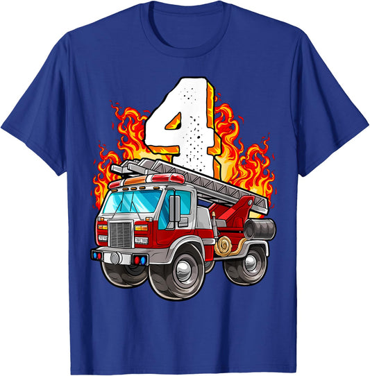 Firefighter 4th Birthday Fireman and Firetruck Birthday Boys T-Shirt - T-Shirt | Royal