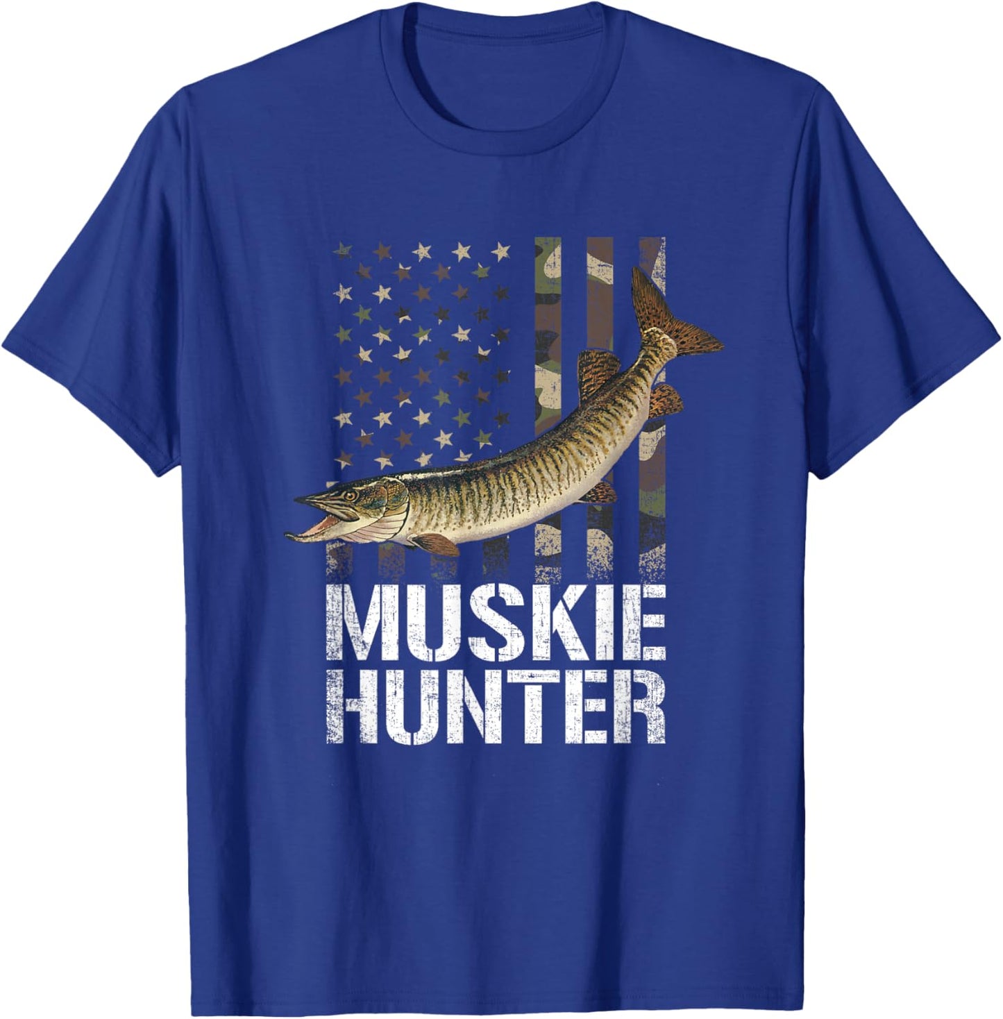 Muskie hunter, American Flag Camouflage, fishing muskie T-Shirt - T-Shirt | Royal