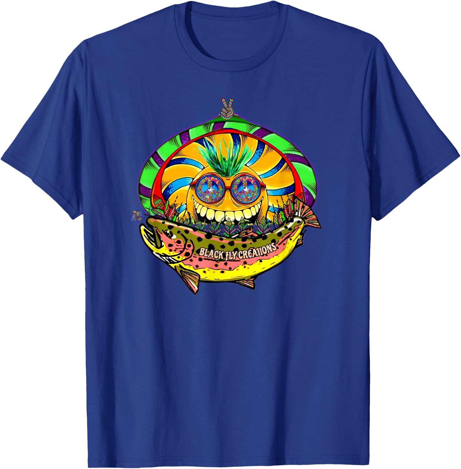 Black Fly "Hippie Trout" Retro 60s Fly Fishing Tenkara Peace T-Shirt - T-Shirt | Royal