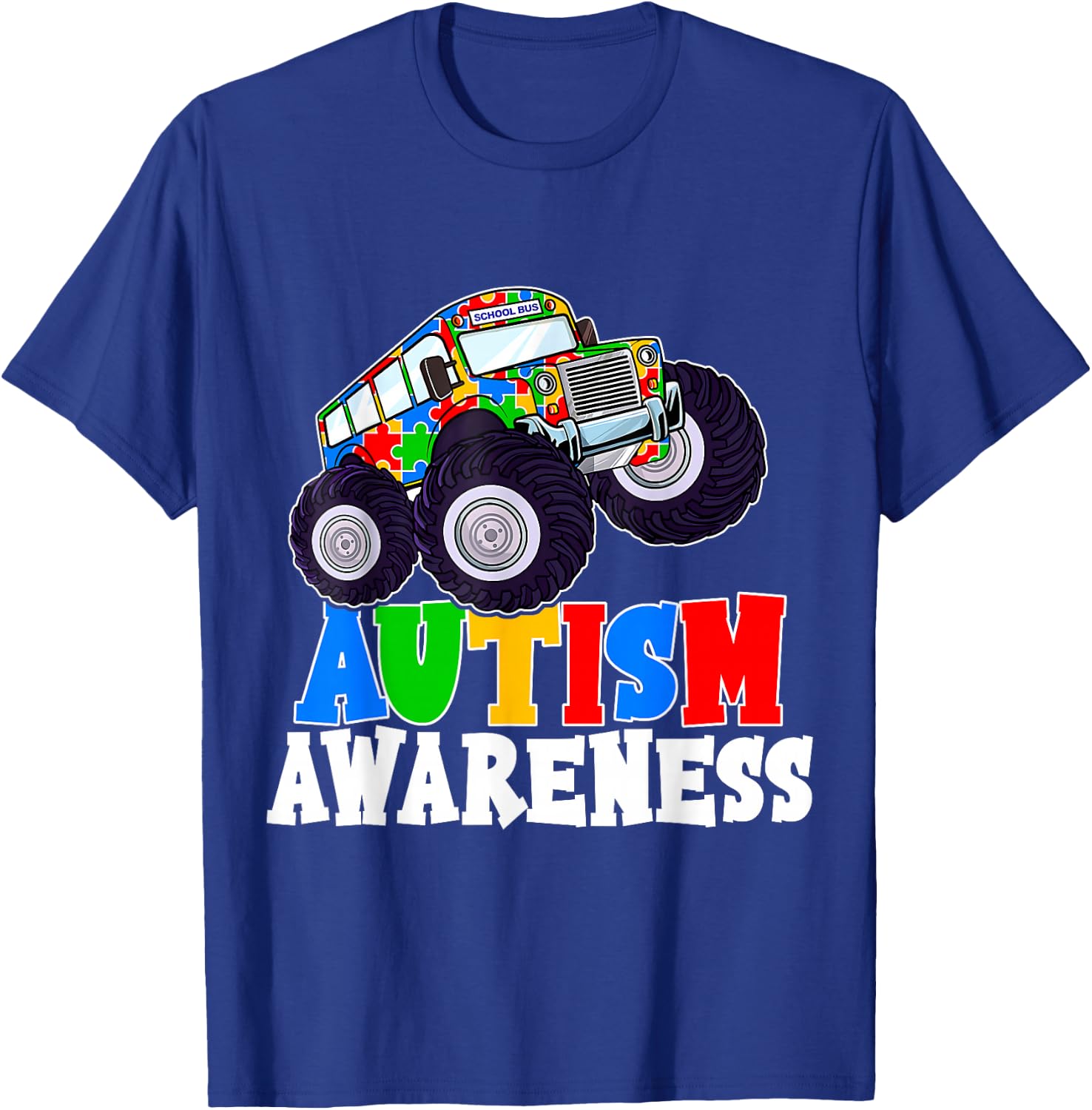 Monster Truck School Bus Puzzle Piece Autism Awareness Gifts T-Shirt - T-Shirt | Royal